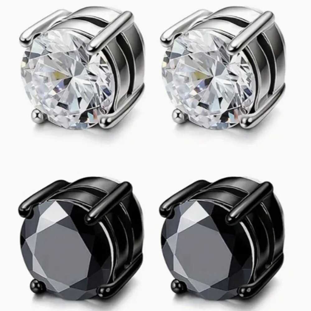 2 Pair 6MM - 4 Prong Mixed Stainless Steel Magnetic Non-Piercing Stud Earrings